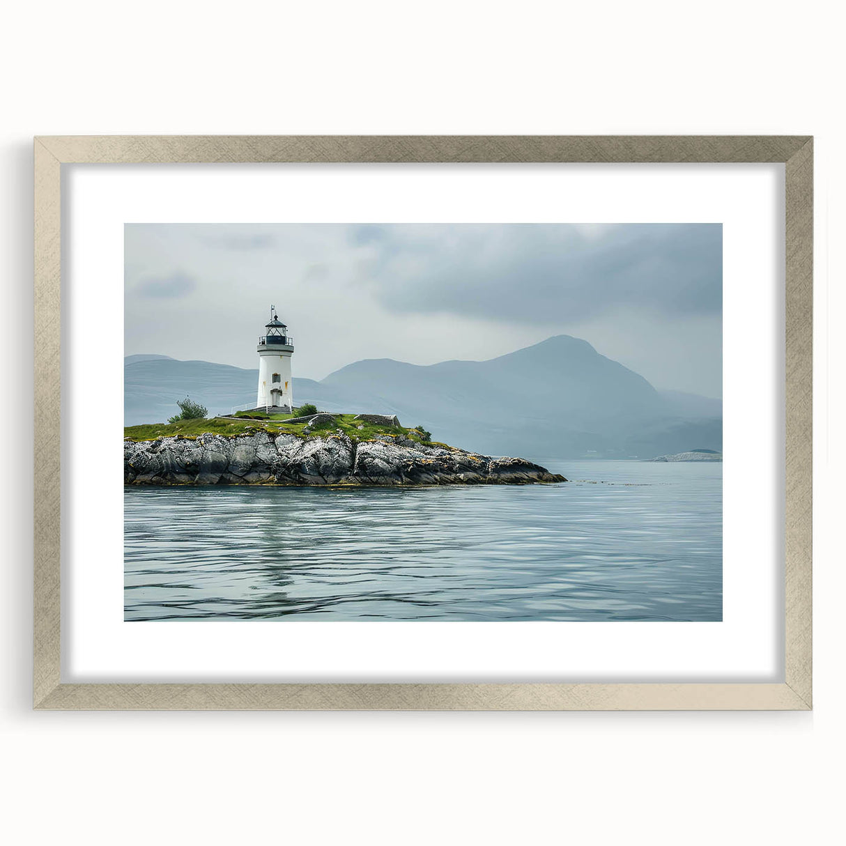 Silver-framed wall art featuring a scenic lighthouse landscape design with a mat, ideal for coastal-themed home decor. Perfect for enhancing living spaces with a touch of elegance and tranquility.
