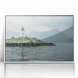 Framed acrylic wall art showcasing a serene lighthouse landscape design with vibrant colors, perfect for coastal-themed decor, enhancing living spaces with tranquility.
