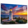 Acrylic glass wall art showcasing a vibrant lighthouse design in a serene landscape setting, elegantly framed and displayed with decorative pins for a modern touch.