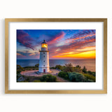 Elegant wall art featuring a stunning lighthouse landscape design in a gold frame with a mat, perfect for home decor. Ideal for coastal-themed interiors.
