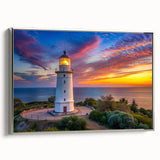 Framed canvas wall art showcasing a serene lighthouse landscape design in silver, perfect for coastal-themed decor, enhancing any living space with elegance.