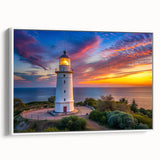 Framed canvas wall art depicting a coastal landscape with a lighthouse, featuring vibrant colors and intricate details, ideal for home decor enhancement.
