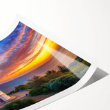 Lighthouse-themed wall art print showcasing a serene coastal landscape with vibrant colors and intricate details, perfect for nautical decor enthusiasts.