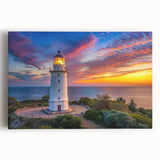 Stretched canvas wall art showcasing a vibrant lighthouse design against a dramatic seascape, perfect for coastal decor enthusiasts. The artwork features rich colors and intricate details, making it a striking focal point for any room.