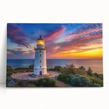 Stretched canvas wall art showcasing a serene lighthouse landscape design, featuring vibrant blues and greens, perfect for coastal-themed decor.