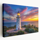 Stretched canvas wall art featuring a serene lighthouse landscape design with vibrant colors and intricate details, perfect for enhancing coastal-themed decor.