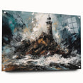 Acrylic glass wall art featuring a serene lighthouse landscape design, showcasing vibrant colors and intricate details, ideal for coastal-themed decor. The artwork is presented in a side view, highlighting its elegant pins and modern aesthetic, perfect for enhancing any interior space.