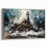 Framed canvas wall art showcasing a silver lighthouse design, featuring vibrant colors and intricate details, ideal for coastal-themed decor in living spaces.