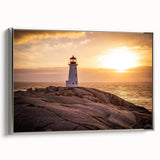 Framed canvas wall art showcasing a serene lighthouse design against a coastal landscape, featuring silver accents and a modern aesthetic, perfect for home décor.