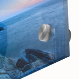 Close-up of a vibrant acrylic wall art piece showcasing a serene lighthouse landscape design, featuring rich colors and intricate details, ideal for home decor.