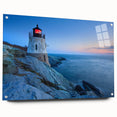 Side view of a stunning acrylic glass wall art collection featuring a vibrant landscape design of a lighthouse, elegantly displayed with pins, perfect for coastal decor enthusiasts.