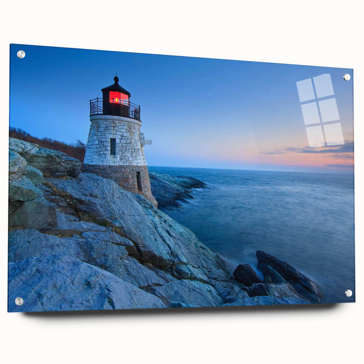 Side view of a stunning acrylic glass wall art collection featuring a vibrant landscape design of a lighthouse, elegantly displayed with pins, perfect for coastal decor enthusiasts.