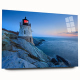 Acrylic glass wall art collection showcasing a serene lighthouse landscape design, featuring vibrant colors and intricate details, perfect for coastal-themed decor.
