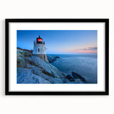 Black-framed wall art collection featuring a serene lighthouse landscape design with vibrant colors and a mat border, ideal for enhancing coastal-themed decor.