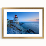 Framed wall art collection showcasing a coastal lighthouse design with a gold mat, enhancing any modern living space decor. Perfect for nautical-themed interiors.