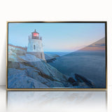 Framed acrylic wall art featuring a coastal lighthouse design, highlighted with gold accents, perfect for home decor. This striking piece combines vibrant colors and intricate details, enhancing any living space with a nautical theme.