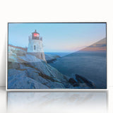 Framed wall art featuring a serene coastal landscape with a lighthouse, showcasing vibrant colors and intricate details, ideal for home decor enthusiasts.