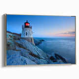 Framed canvas wall art collection featuring a serene lighthouse landscape design in soft colors, presented from a side view with a sleek silver frame.