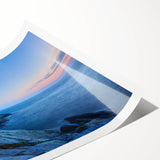 Vibrant landscape wall art print showcasing a lighthouse on a rocky coastline, featuring bold colors and detailed textures, perfect for home decor or coastal themes.