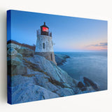 Stretched canvas wall art depicting a serene lighthouse landscape, showcasing vibrant colors and intricate details against a tranquil ocean backdrop, ideal for coastal decor.