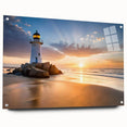 Side view of a stunning acrylic glass wall art piece featuring a vibrant lighthouse landscape, showcasing intricate details and colors, perfect for coastal decor enthusiasts.