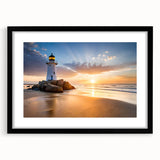 Framed wall art collection showcasing a scenic lighthouse landscape, featuring a black mat and sleek frame, ideal for enhancing coastal-themed decor.