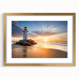 Elegant gold-framed wall art featuring a serene lighthouse landscape design, showcasing vibrant colors and intricate details, perfect for home decor.