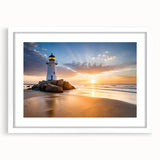 Framed wall art featuring a tranquil lighthouse landscape design, set in a white mat and frame, perfect for coastal decor enthusiasts. Ideal for home or office.