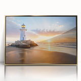 Framed wall art featuring a stunning lighthouse design against a serene landscape, highlighted with an elegant gold frame, ideal for coastal home decor.