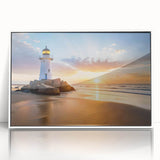 Framed wall art showcasing a serene lighthouse landscape design with vibrant colors, set against a white background, ideal for coastal-themed decor.