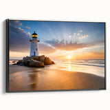 Framed canvas wall art featuring a serene lighthouse design set against a scenic landscape, presented in black, side view, perfect for coastal decor enthusiasts.