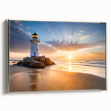 Framed canvas wall art featuring a serene lighthouse design against a vibrant landscape, showcased in a silver frame, perfect for coastal-themed decor.