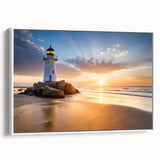 Framed canvas wall art showcasing a serene lighthouse landscape design, featuring vibrant colors and intricate details, perfect for home decor. The artwork is presented in a stylish white frame, emphasizing the peaceful coastal scene.