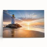 Stretched canvas wall art featuring a serene lighthouse design in a coastal landscape, showcasing vibrant blues and warm sunset hues, perfect for home decor.