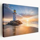 Stretched canvas wall art showcasing a vibrant lighthouse design surrounded by serene landscapes, perfect for coastal-themed decor. Ideal for brightening living spaces.
