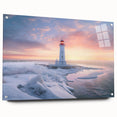 Acrylic wall art featuring a scenic lighthouse landscape design, showcasing vibrant colors and intricate details, displayed from a side view with pins for mounting.