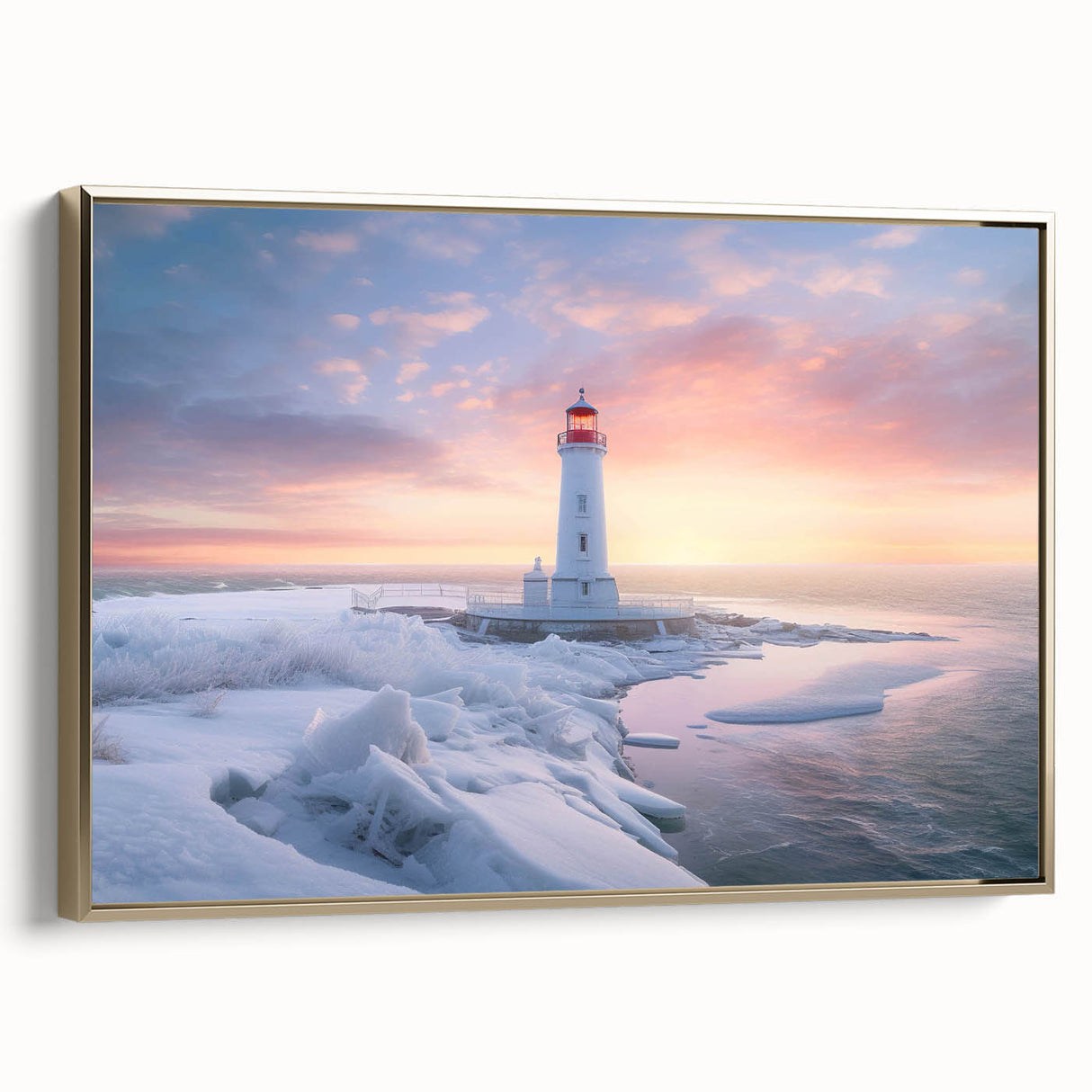 Framed canvas wall art showcasing a stunning lighthouse design, featuring gold accents and vibrant colors, perfect for enhancing coastal-themed decor.