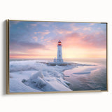 Framed canvas wall art showcasing a stunning lighthouse design, featuring gold accents and vibrant colors, perfect for enhancing coastal-themed decor.