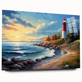 Acrylic glass wall art collection featuring a serene lighthouse landscape design, showcasing vibrant colors and intricate details in a side view presentation, perfect for coastal decor.