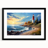 Black-framed wall art collection featuring a serene lighthouse landscape design with a mat, ideal for coastal-themed home decor. Perfect for adding elegance to any room.