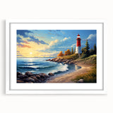 Framed wall art collection showcasing a serene lighthouse landscape design, featuring a white mat and sleek frame, ideal for coastal-themed decor.