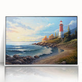 Framed acrylic wall art collection showcasing a serene lighthouse landscape design, featuring a white frame and vibrant coastal colors, perfect for nautical-themed decor.