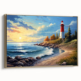 Framed canvas wall art featuring a golden lighthouse design set against a serene landscape, showcasing vibrant colors and intricate details for home decor.