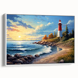 Framed canvas wall art depicting a serene lighthouse landscape with soft blue skies, rugged cliffs, and tranquil waters, perfect for coastal decor enthusiasts.