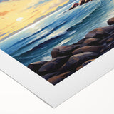 Lighthouse wall art on rolled canvas showcasing a coastal scene with vibrant blues and yellows, perfect for enhancing nautical-themed decor.