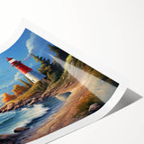 Colorful lighthouse wall art print showcasing a serene coastal landscape, featuring vibrant blues and greens, perfect for home decor or coastal themes.