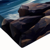 Close-up of a vibrant stretched canvas artwork showcasing a coastal lighthouse scene, featuring rich colors and intricate details, perfect for enhancing home decor.