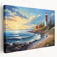 Stretched canvas wall art showcasing a picturesque lighthouse landscape in vibrant colors, perfect for coastal decor. Ideal for enhancing any living space or office.