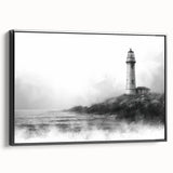 Framed canvas wall art showcasing a serene lighthouse design against a vibrant sunset backdrop, featuring a sleek black frame and a side view perspective. This coastal-themed piece adds a calming touch to home decor, perfect for nautical enthusiasts.