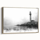 Framed canvas wall art showcasing a coastal lighthouse design with gold accents, set against a serene landscape, ideal for beach-themed decor.